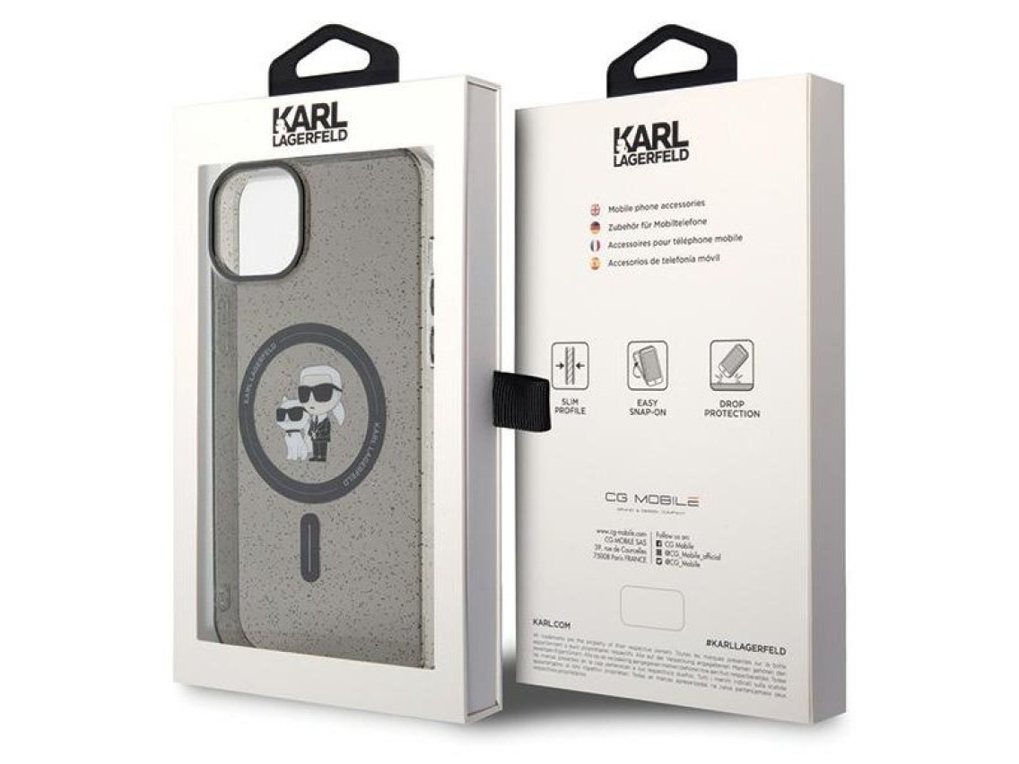 Capa MagSafe com glitter Karl Lagerfeld Karl&Choupette para iPhone 15 Plus - preta
