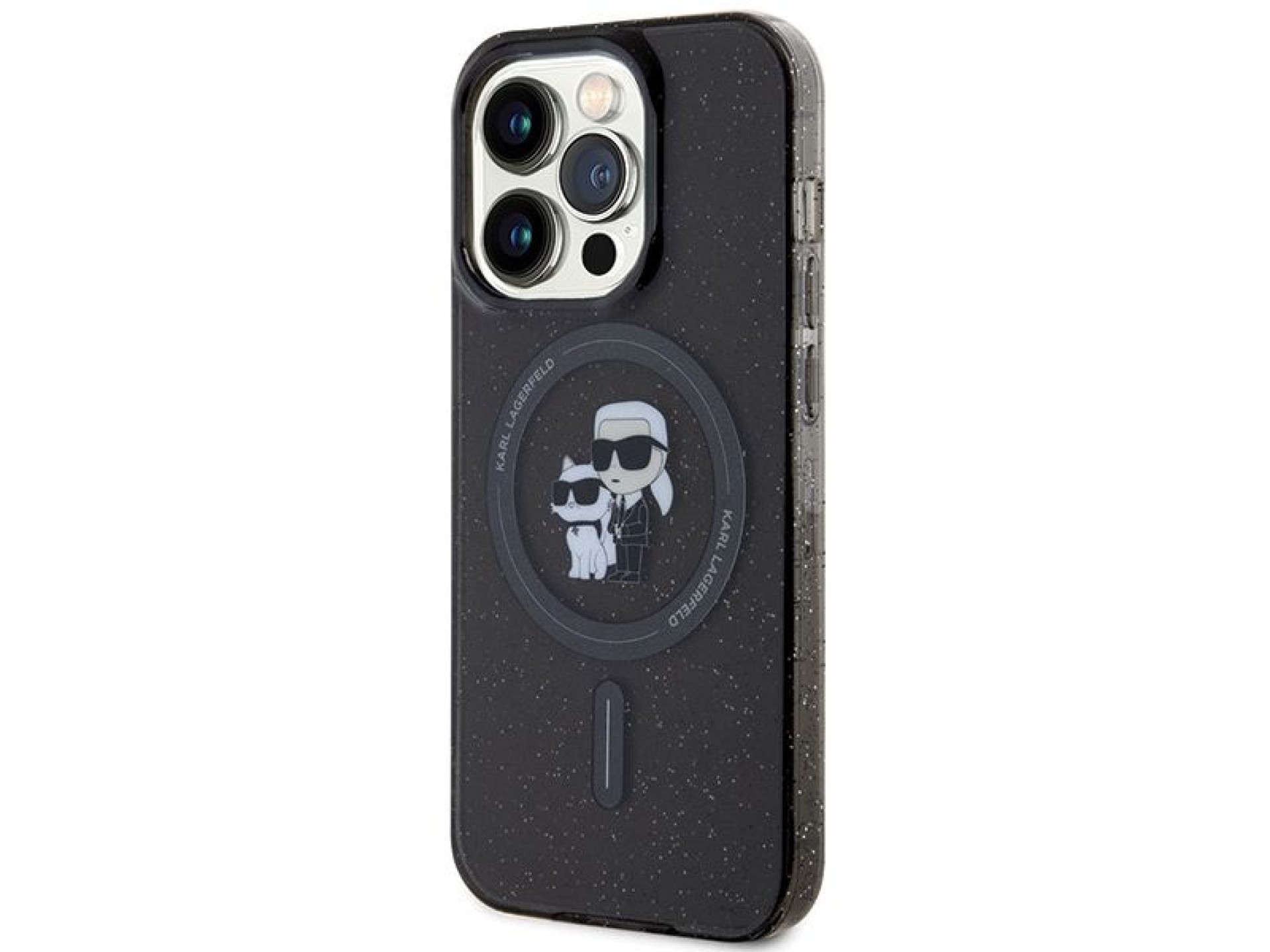 Capa MagSafe com glitter Karl Lagerfeld Karl&Choupette para iPhone 15 Pro - preta