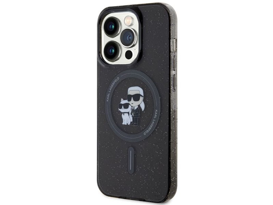 Capa MagSafe com glitter Karl Lagerfeld Karl&Choupette para iPhone 15 Pro - preta