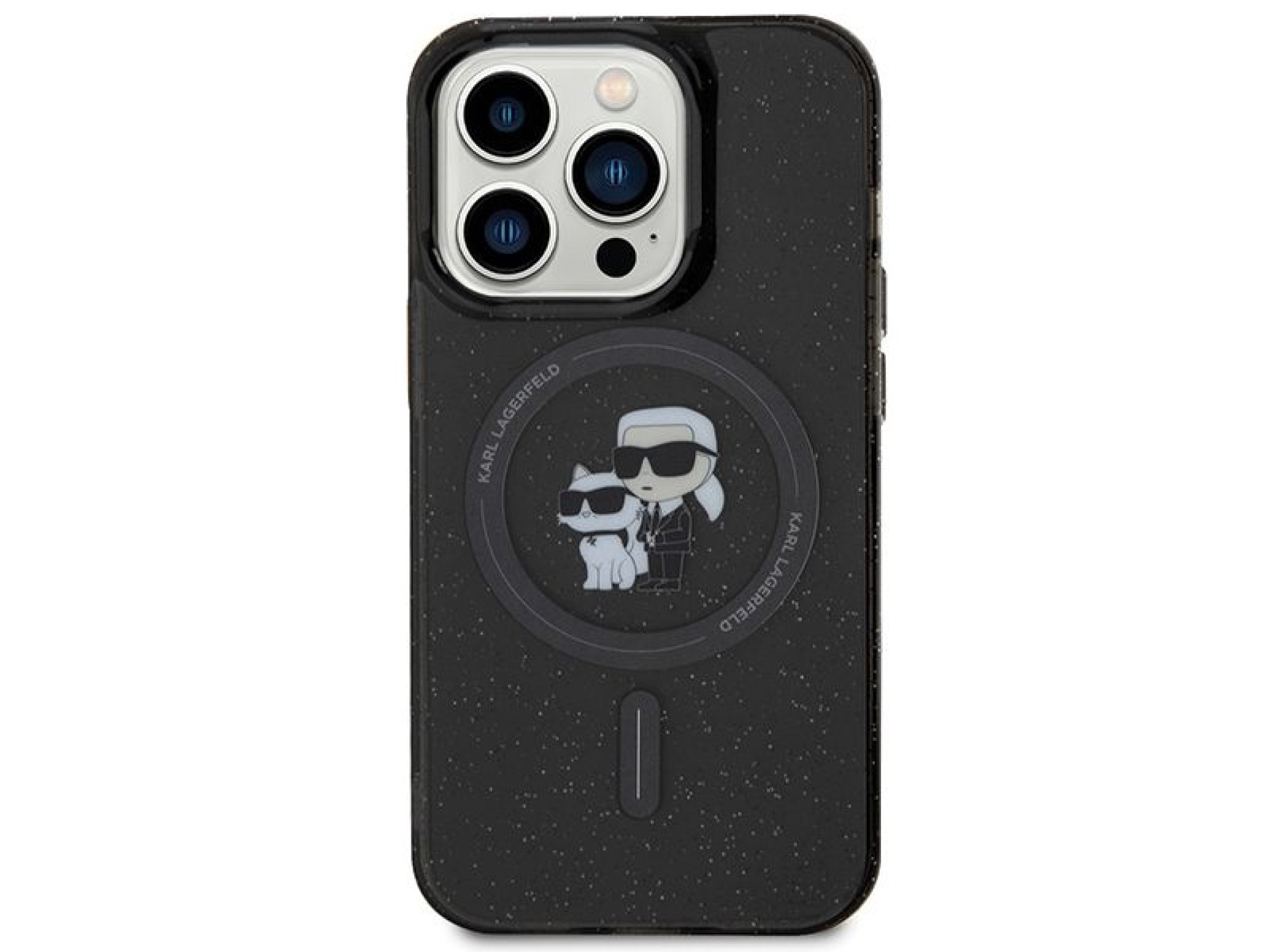 Capa MagSafe com glitter Karl Lagerfeld Karl&Choupette para iPhone 15 Pro - preta
