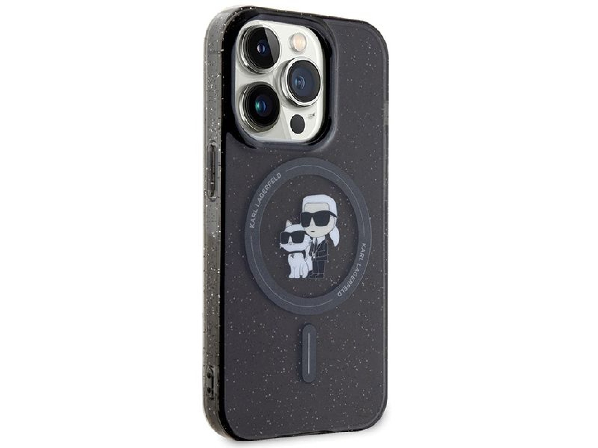 Capa MagSafe com glitter Karl Lagerfeld Karl&Choupette para iPhone 15 Pro - preta