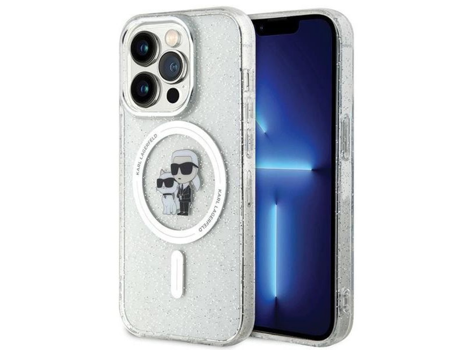 Capa MagSafe Karl Lagerfeld Karl&Choupette com glitter para iPhone 15 Pro - transparente