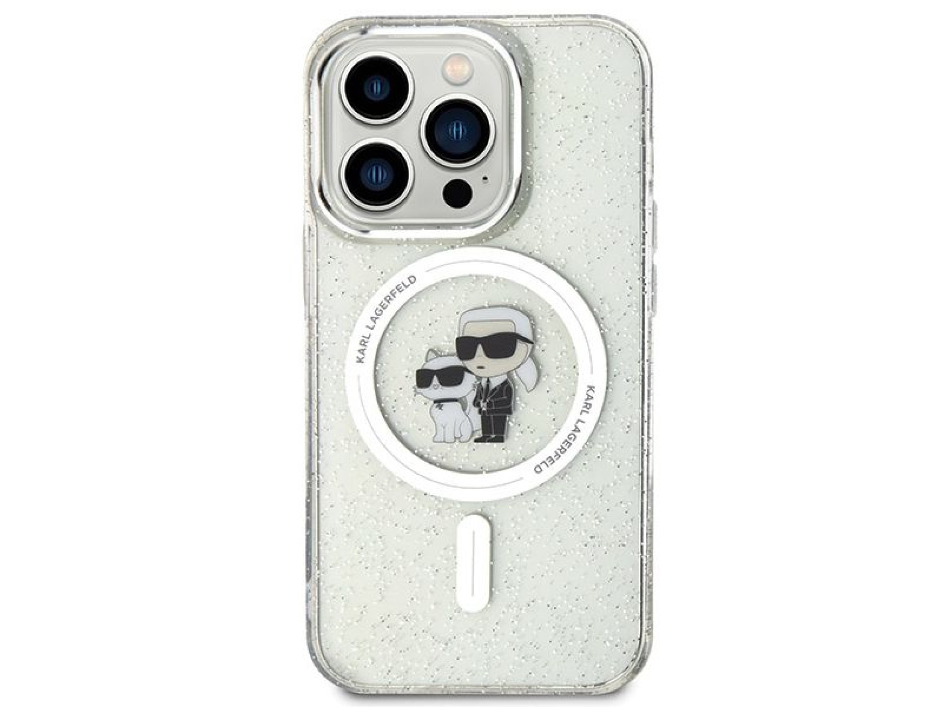 Capa MagSafe Karl Lagerfeld Karl&Choupette com glitter para iPhone 15 Pro - transparente