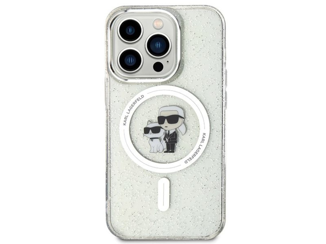 Capa MagSafe Karl Lagerfeld Karl&Choupette com glitter para iPhone 15 Pro - transparente