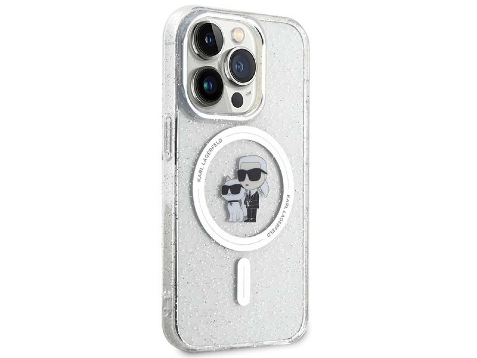 Capa MagSafe Karl Lagerfeld Karl&Choupette com glitter para iPhone 15 Pro - transparente