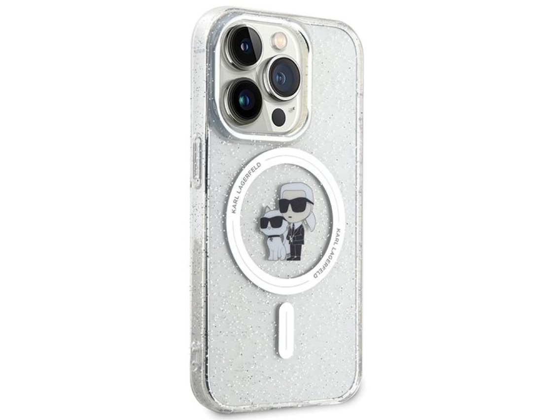 Capa MagSafe Karl Lagerfeld Karl&Choupette com glitter para iPhone 15 Pro - transparente