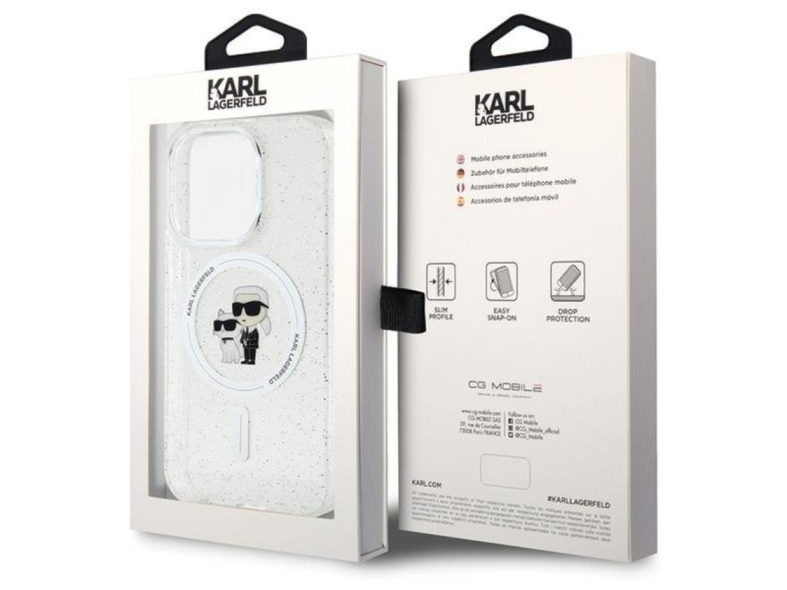 Capa MagSafe Karl Lagerfeld Karl&Choupette com glitter para iPhone 15 Pro - transparente