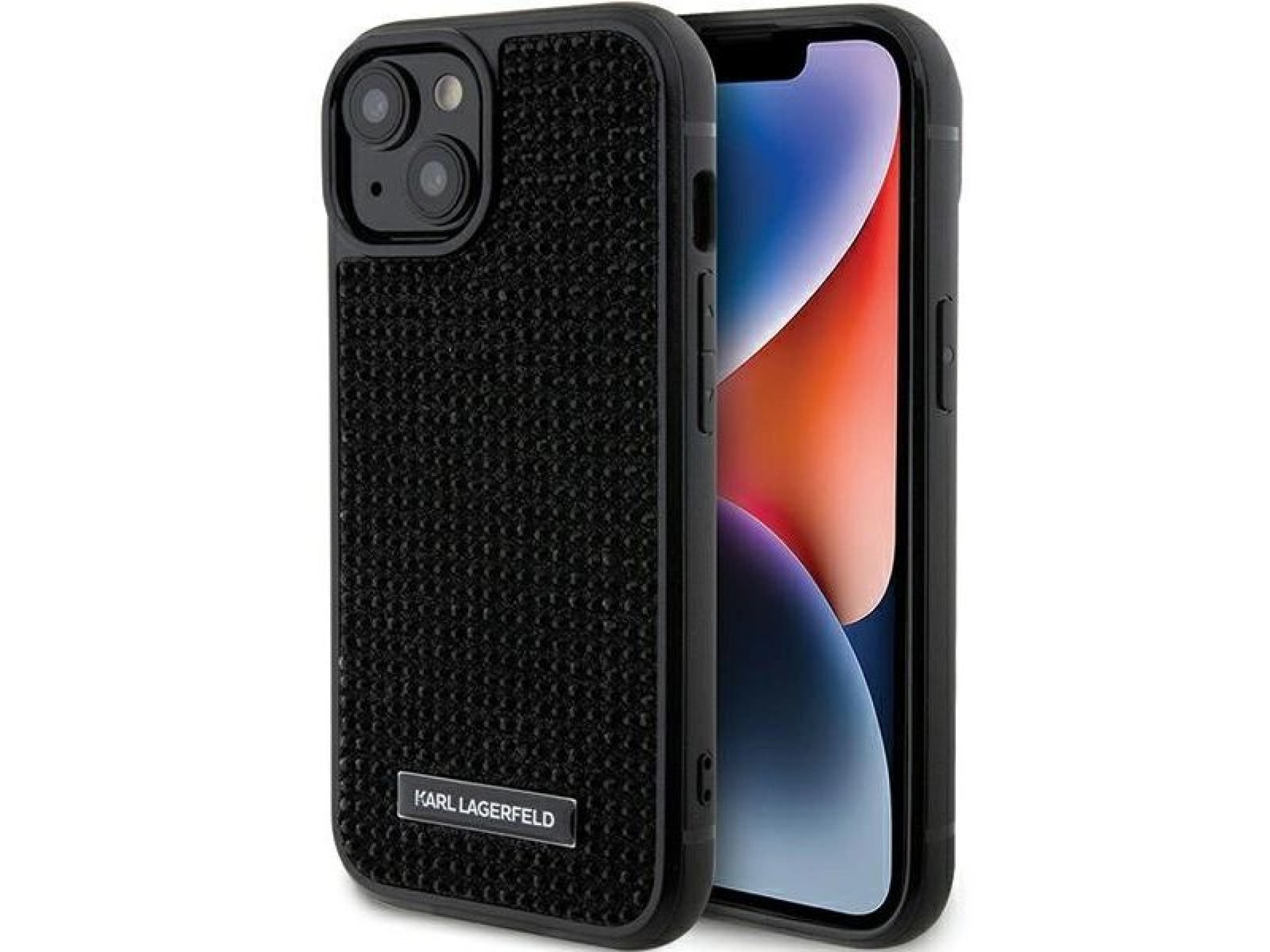 Karl Lagerfeld Rhinestone Logo Metal Plate case for iPhone 15 - black