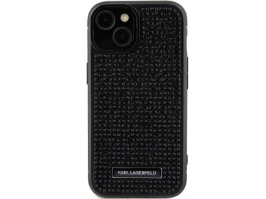 Karl Lagerfeld Rhinestone Logo Metal Plate case for iPhone 15 - black