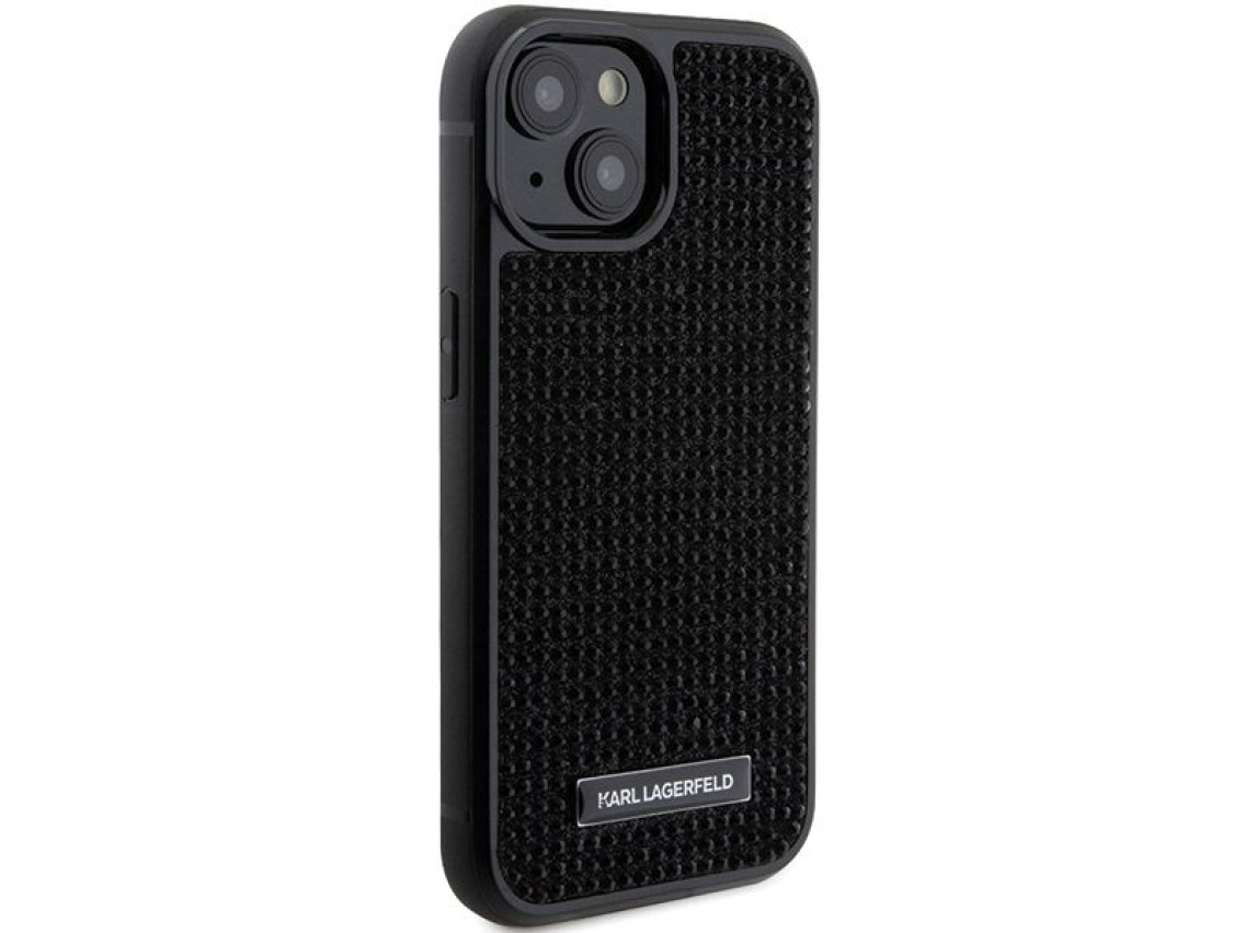 Karl Lagerfeld Rhinestone Logo Metal Plate case for iPhone 15 - black