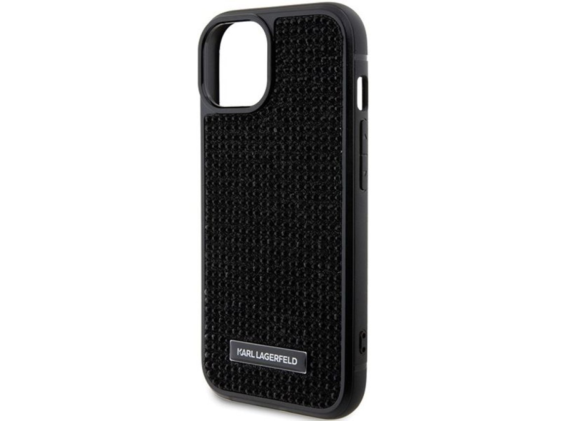Karl Lagerfeld Rhinestone Logo Metal Plate case for iPhone 15 - black