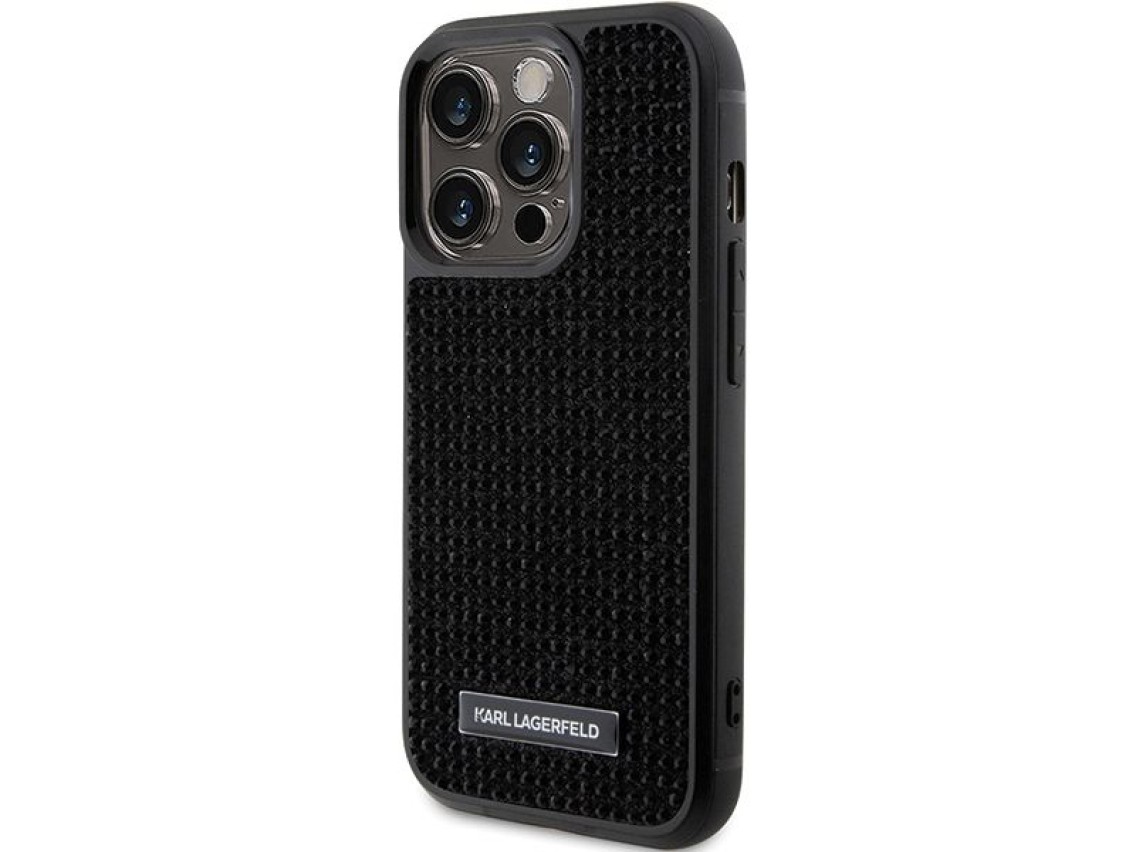 Karl Lagerfeld Rhinestone Logo Metal Plate case for iPhone 15 Pro - black