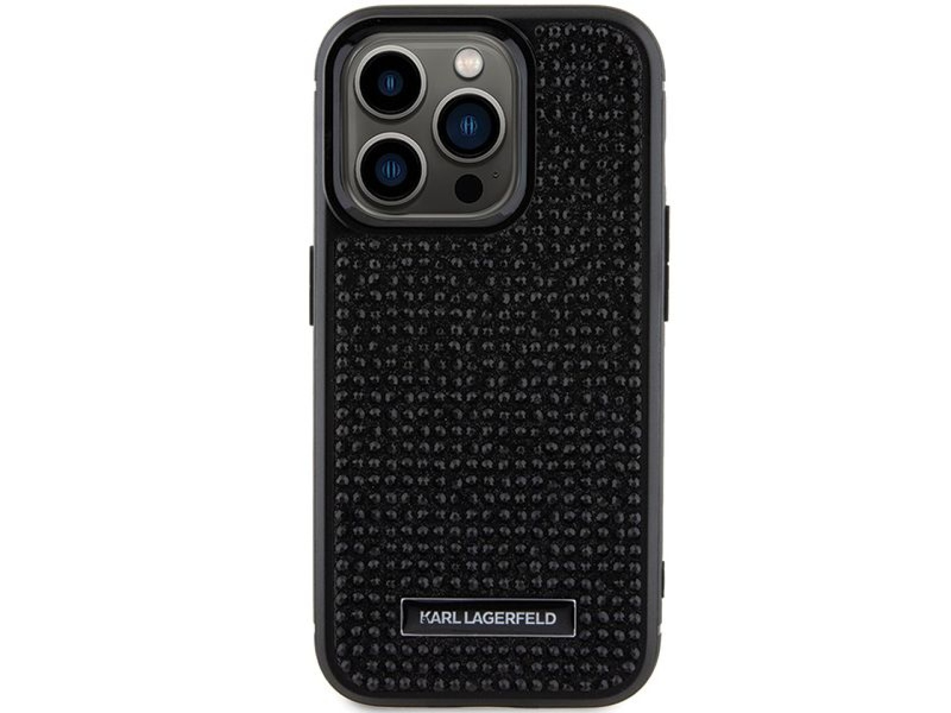 Karl Lagerfeld Rhinestone Logo Metal Plate case for iPhone 15 Pro - black