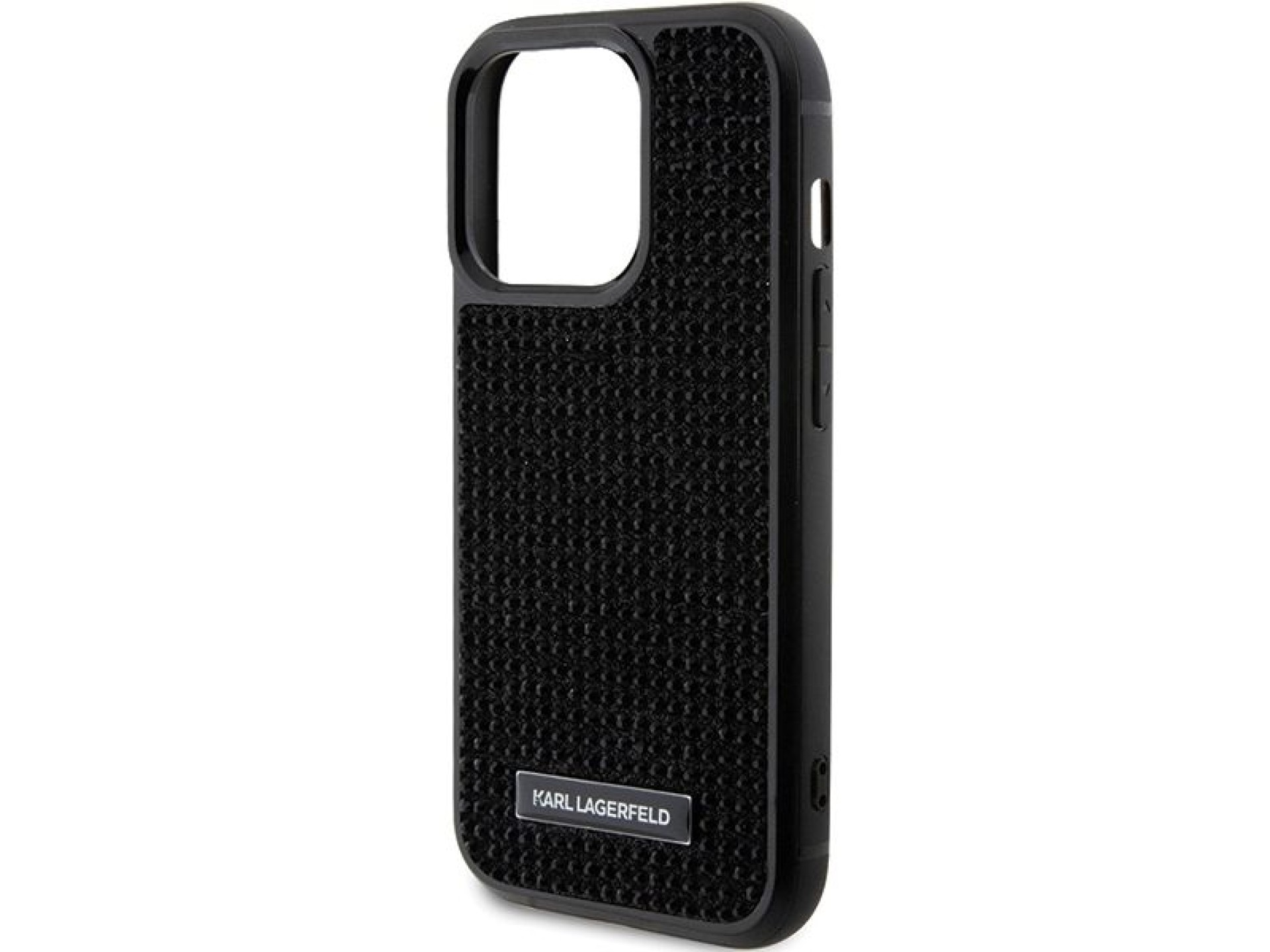 Karl Lagerfeld Rhinestone Logo Metal Plate case for iPhone 15 Pro - black