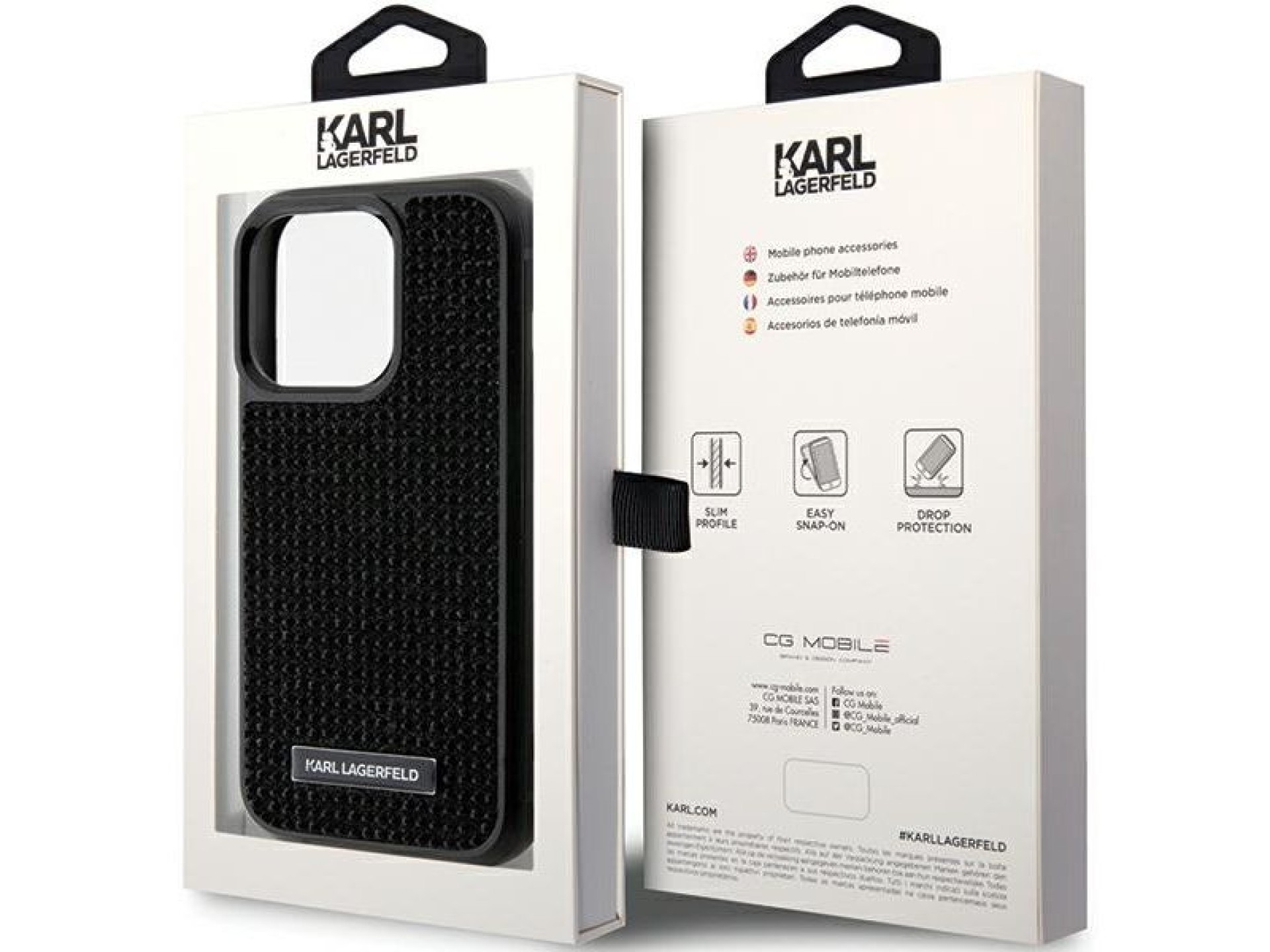 Karl Lagerfeld Rhinestone Logo Metal Plate case for iPhone 15 Pro - black
