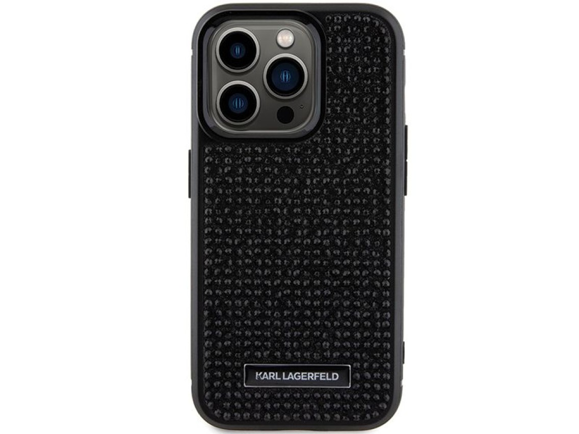 Funda con placa metálica y logotipo de diamantes de imitación de Karl Lagerfeld para iPhone 15 Pro M