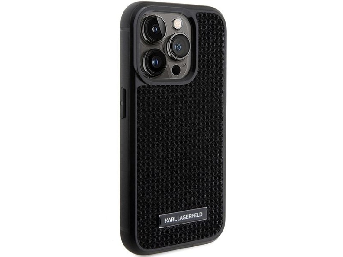 Funda con placa metálica y logotipo de diamantes de imitación de Karl Lagerfeld para iPhone 15 Pro M