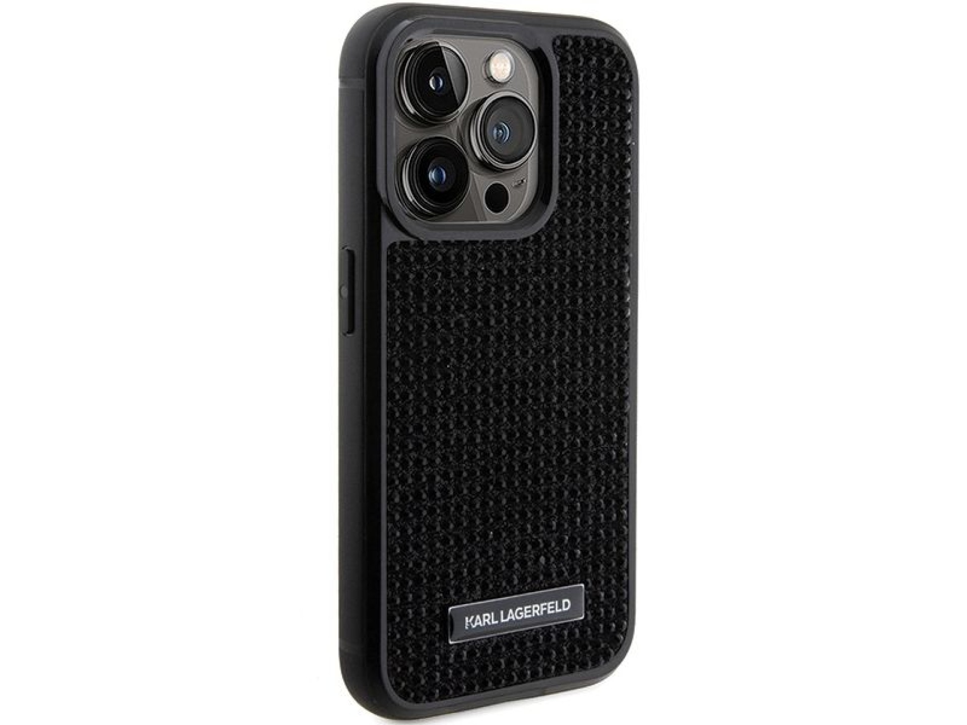 Funda con placa metálica y logotipo de diamantes de imitación de Karl Lagerfeld para iPhone 15 Pro M