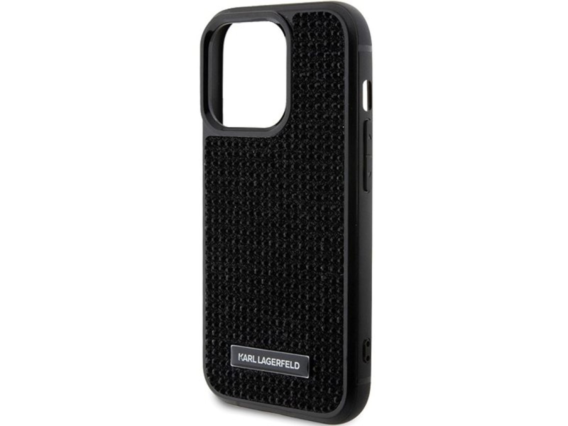Funda con placa metálica y logotipo de diamantes de imitación de Karl Lagerfeld para iPhone 15 Pro M