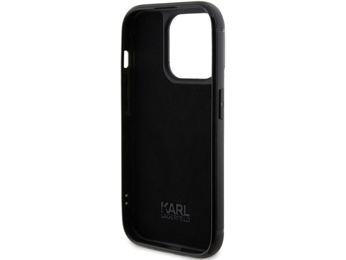 Funda con placa metálica y logotipo de diamantes de imitación de Karl Lagerfeld para iPhone 15 Pro M
