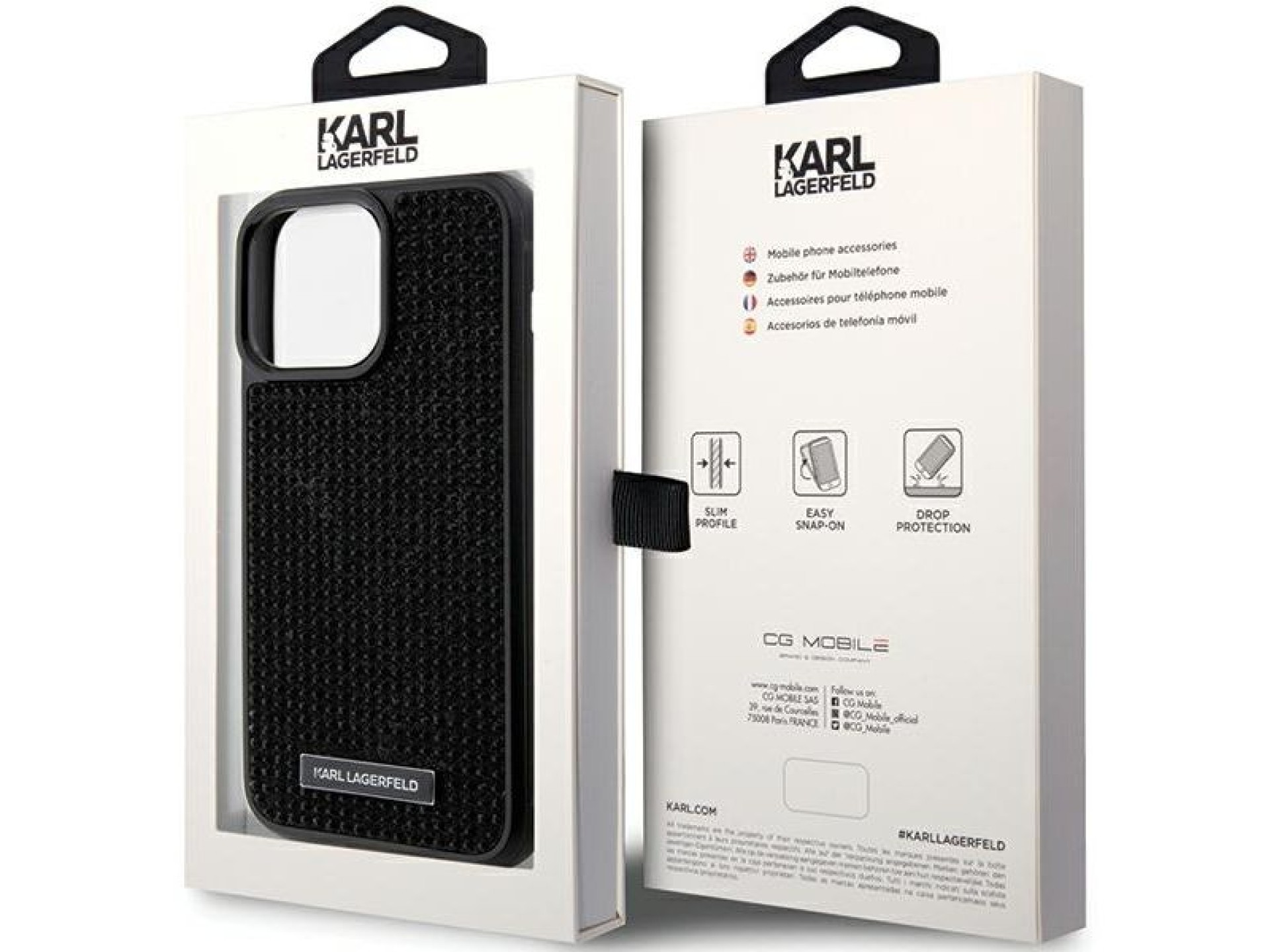 Funda con placa metálica y logotipo de diamantes de imitación de Karl Lagerfeld para iPhone 15 Pro M
