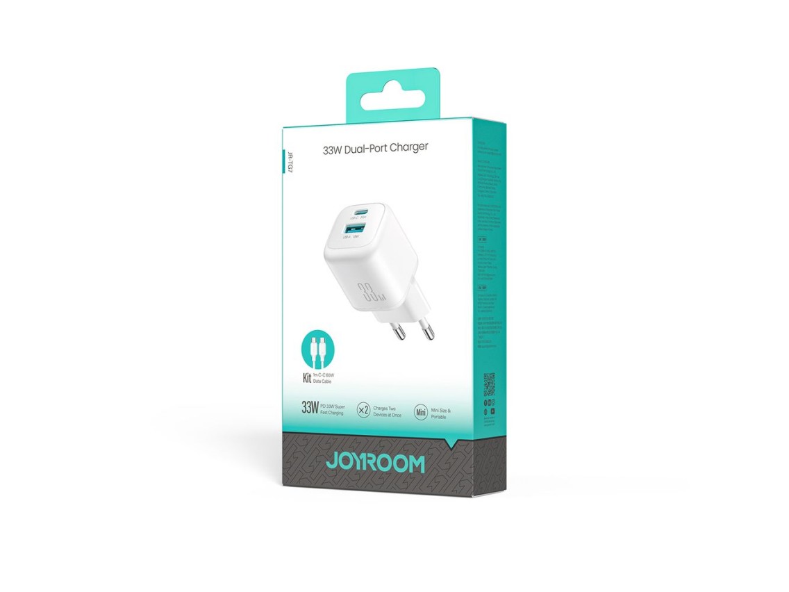 Carregador de parede Joyroom JR-TG7 de 33 W com portas USB-A e USB-C e cabo USB-C para USB-C de 60 W