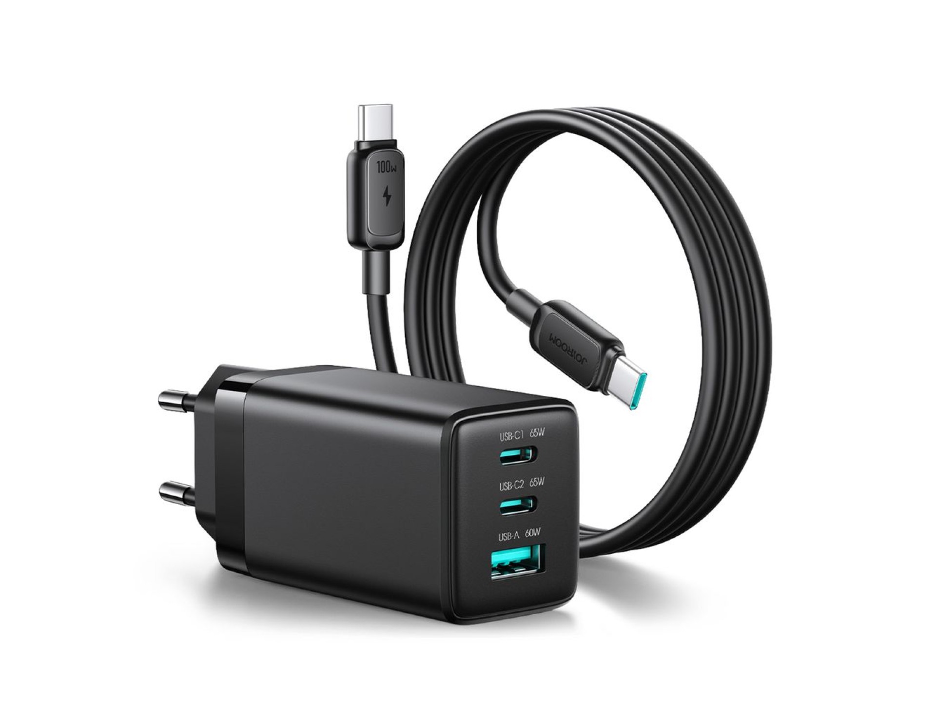 Carregador de parede Joyroom JR-TG10 65W GaN 2x USB-C + USB-A com cabo USB-C de 1,2m e potência de 1