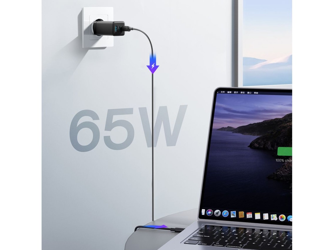 Carregador de parede Joyroom JR-TG10 65W GaN 2x USB-C + USB-A com cabo USB-C de 1,2m e potência de 1