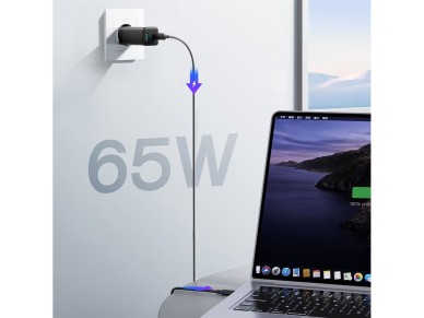 Joyroom JR-TG10 65W GaN 2x USB-C + USB-A wall charger with 100W USB-C - USB-C 1.2m cable - black