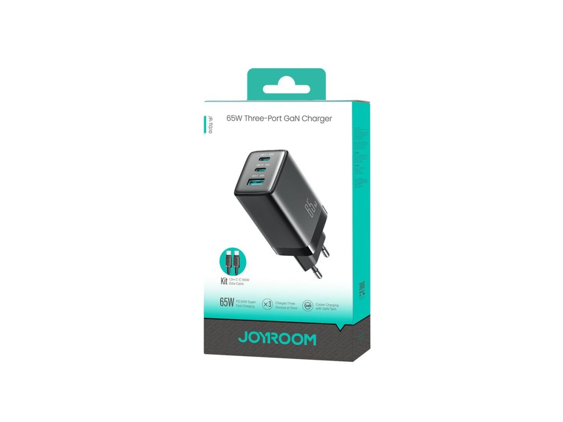Carregador de parede Joyroom JR-TG10 65W GaN 2x USB-C + USB-A com cabo USB-C de 1,2m e potência de 1