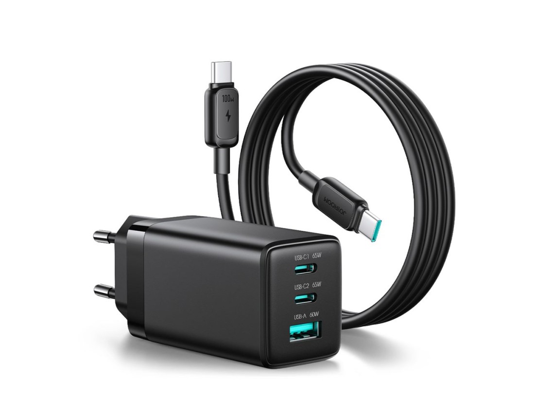 Carregador de parede Joyroom JR-TG10 65W GaN 2x USB-C + USB-A com cabo USB-C de 1,2m e potência de 1