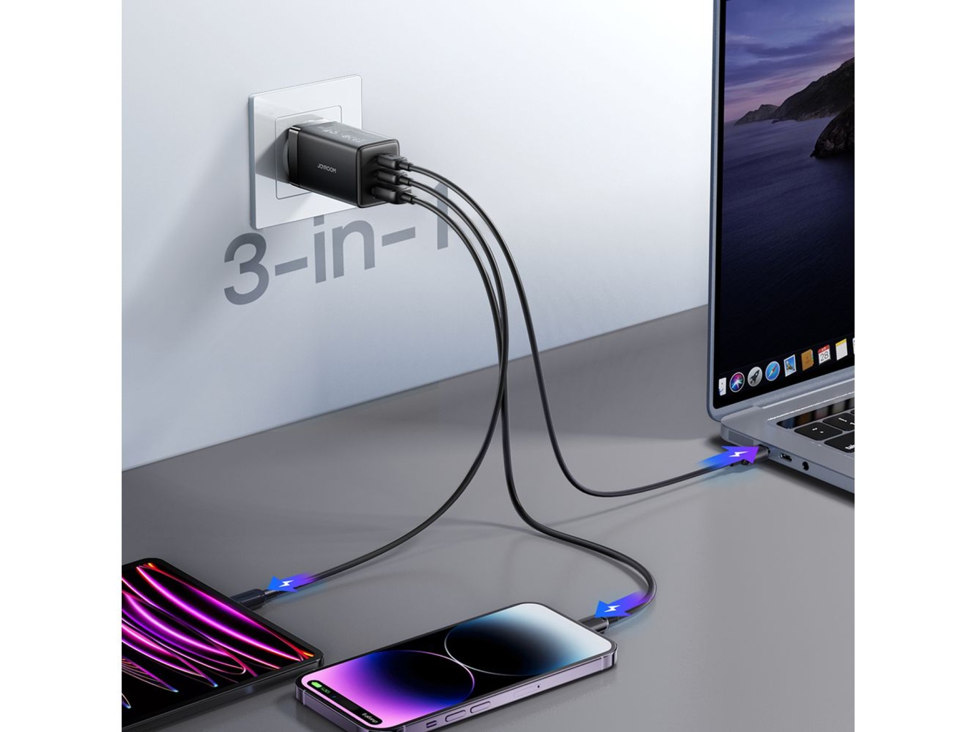 Carregador de parede Joyroom JR-TG10 65W GaN 2x USB-C + USB-A com cabo USB-C de 1,2m e potência de 1