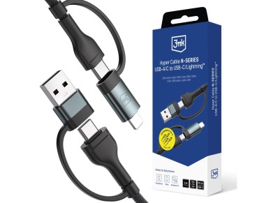 3mk Hyper Cable N-SERIES 2 in 2 USB-A / USB-C and USB-C / Lightning 1.2m QC 3.0 9V/2A 60W - black