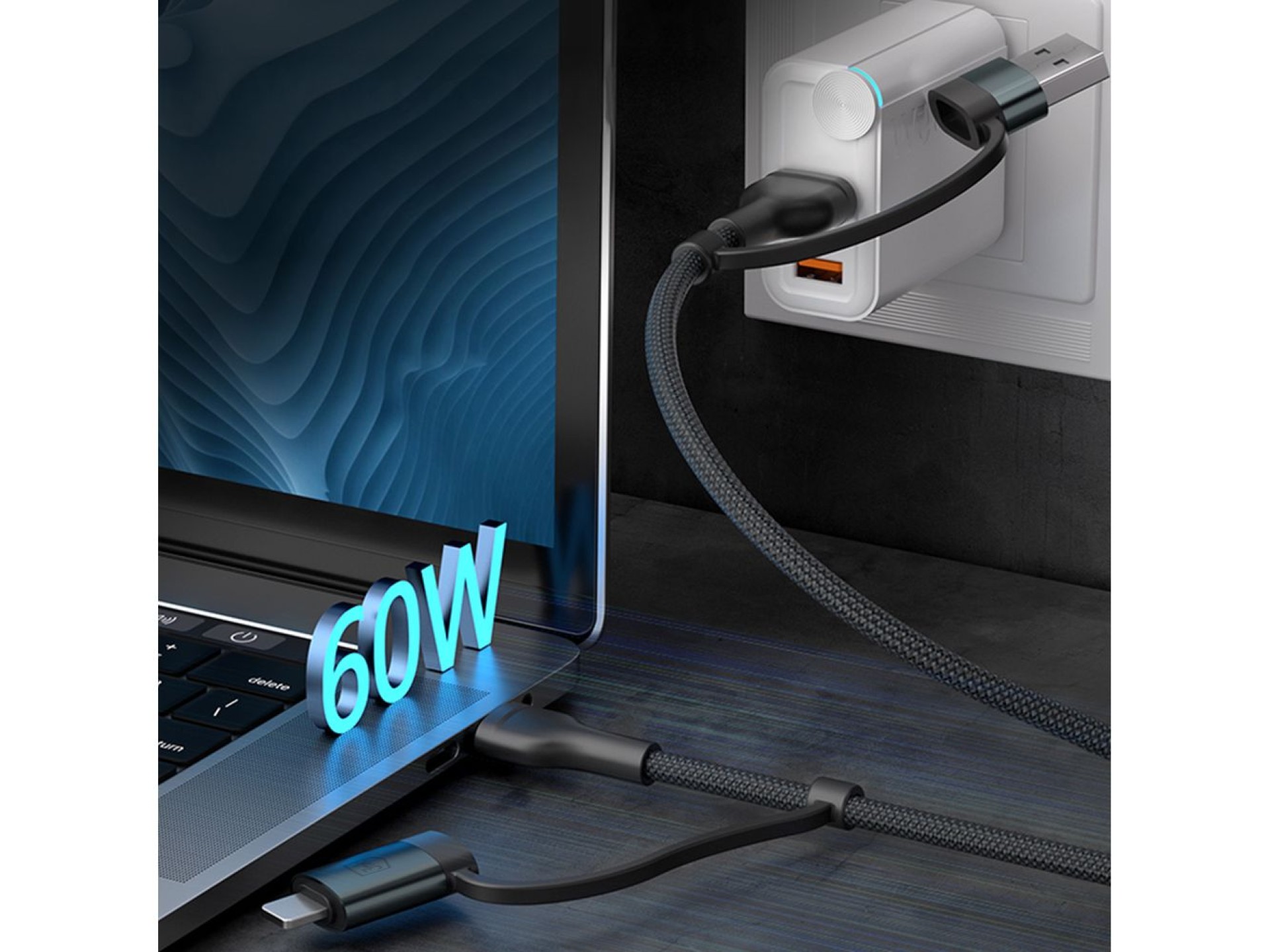 Cable 3mk Hyper N-SERIES 2 en 2 USB-A/USB-C y USB-C/Lightning 1,2 m QC 3.0 9V/2A 60W - negro