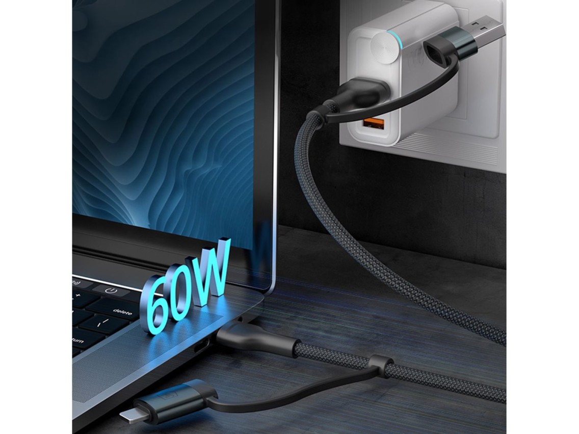 Cable 3mk Hyper N-SERIES 2 en 2 USB-A/USB-C y USB-C/Lightning 1,2 m QC 3.0 9V/2A 60W - negro