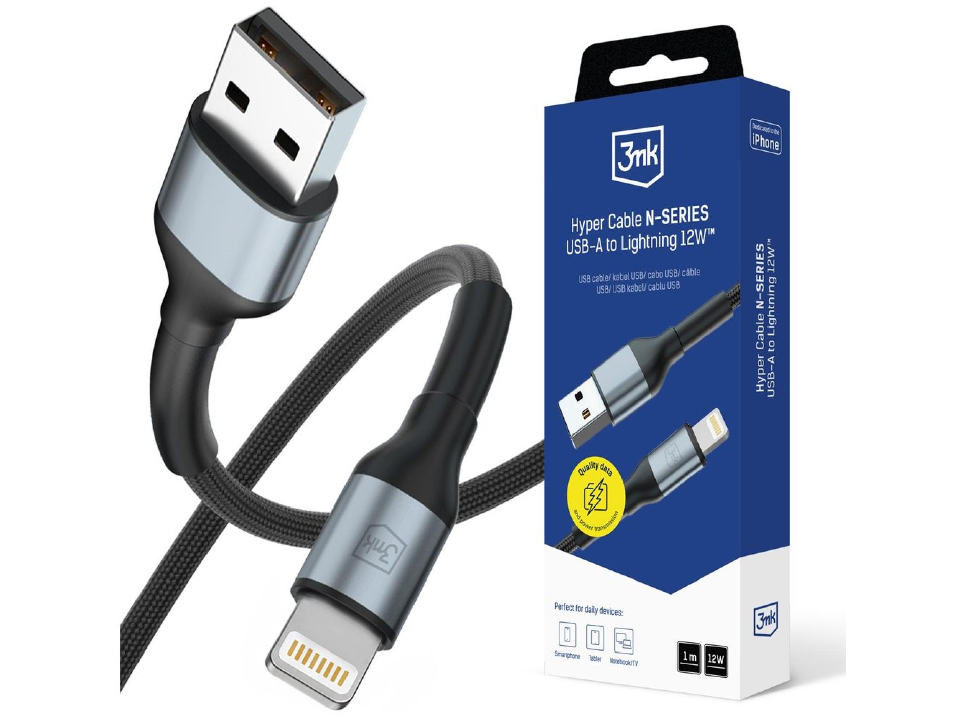 Cable 3mk Hyper Cable N-SERIES USB-A / Lightning 1m 5V/2.4A 12W / negro