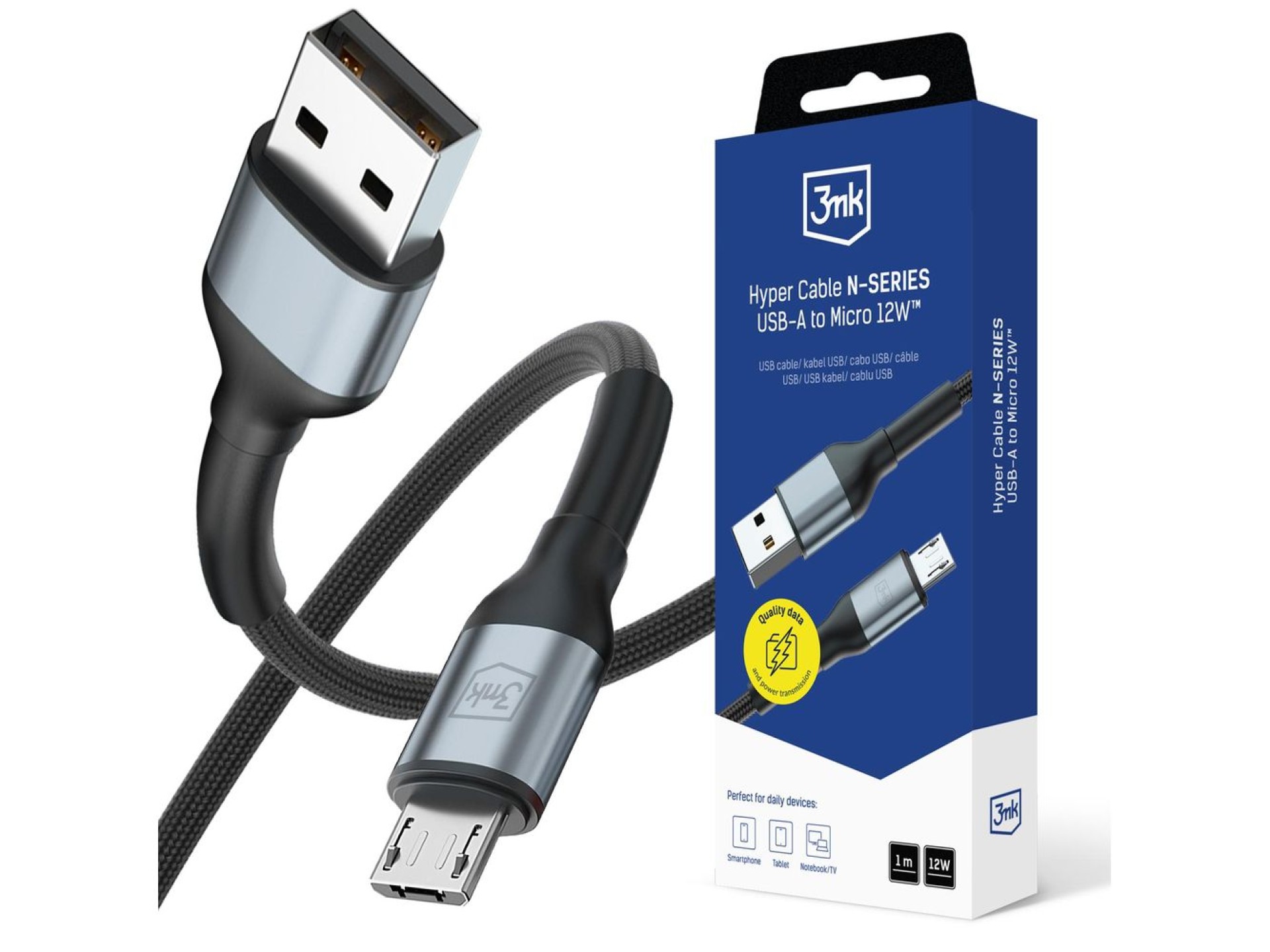 Cable 3mk Hyper N-SERIES USB-A / MicroUSB 1m 5V/2.4A 12W / negro