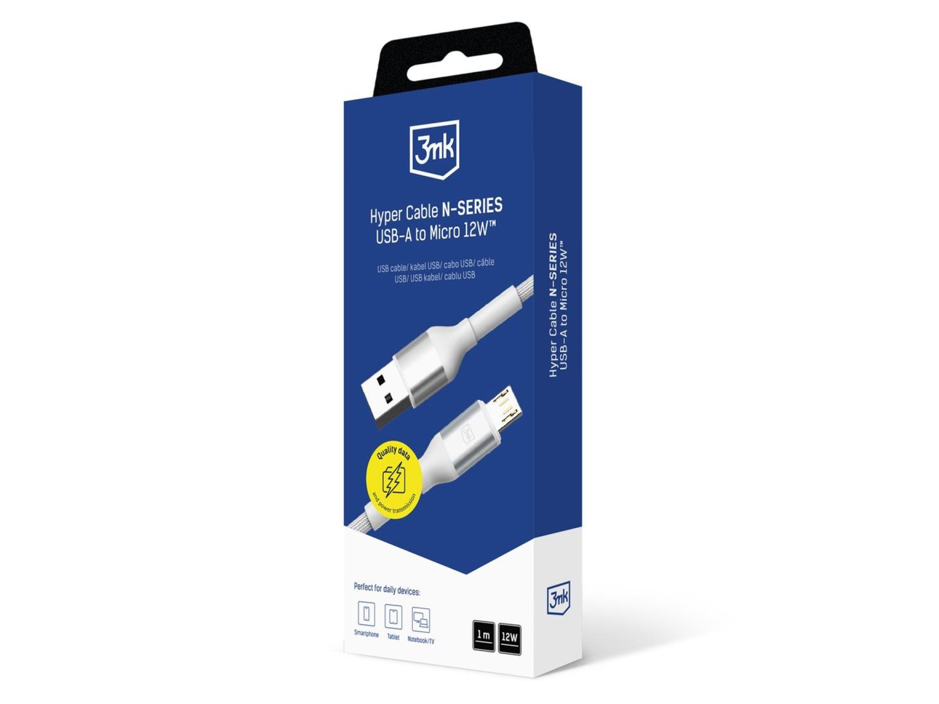 Cable 3mk Hyper N-SERIES USB-A / MicroUSB 1m 5V/2.4A 12W / blanco