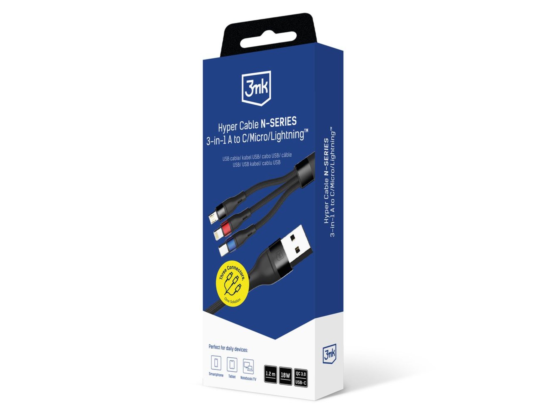 3mk Hyper Cable N-SERIES 3 in 1 USB-A / Lightning / Micro 1.2m 9V/2A 18W - black