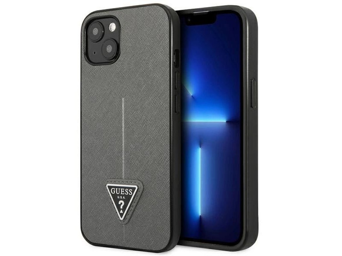 Capa Guess Saffiano com logo triangular para iPhone 13/14/15 de 6,1" - prata