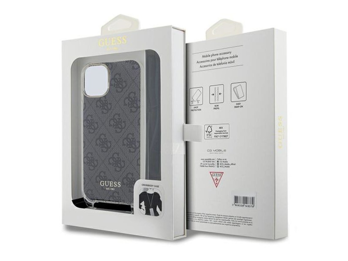 Guess Crossbody Cord 4G Print Case for iPhone 15/14/13 - Black