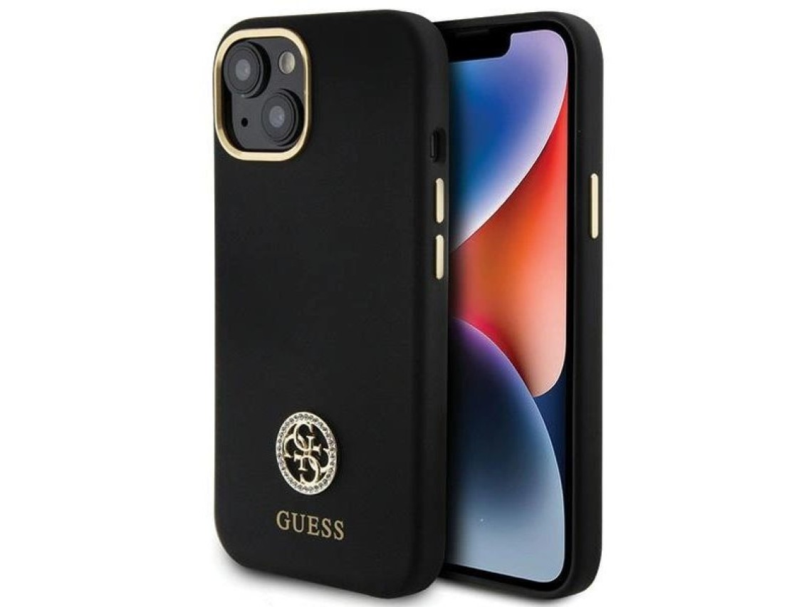 Funda de silicona Guess con logo Strass 4G para iPhone 15 - Negra