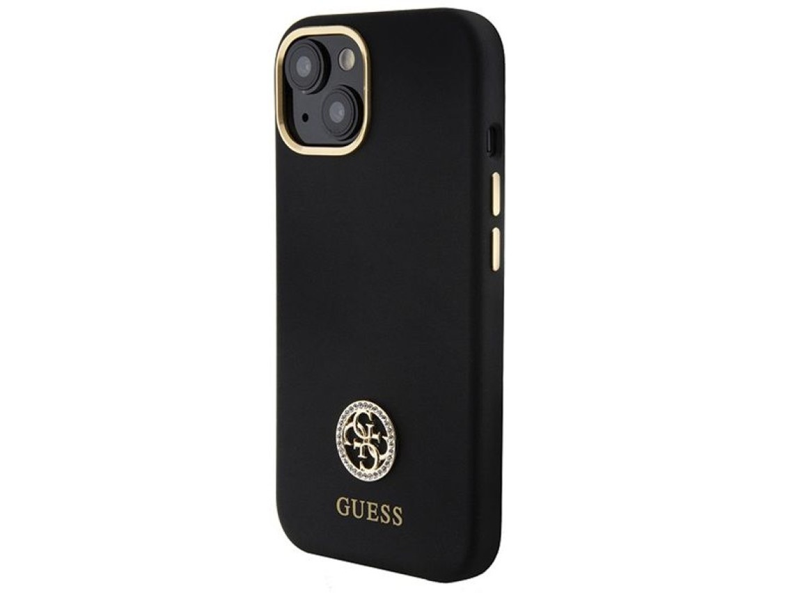 Funda de silicona Guess con logo Strass 4G para iPhone 15 - Negra