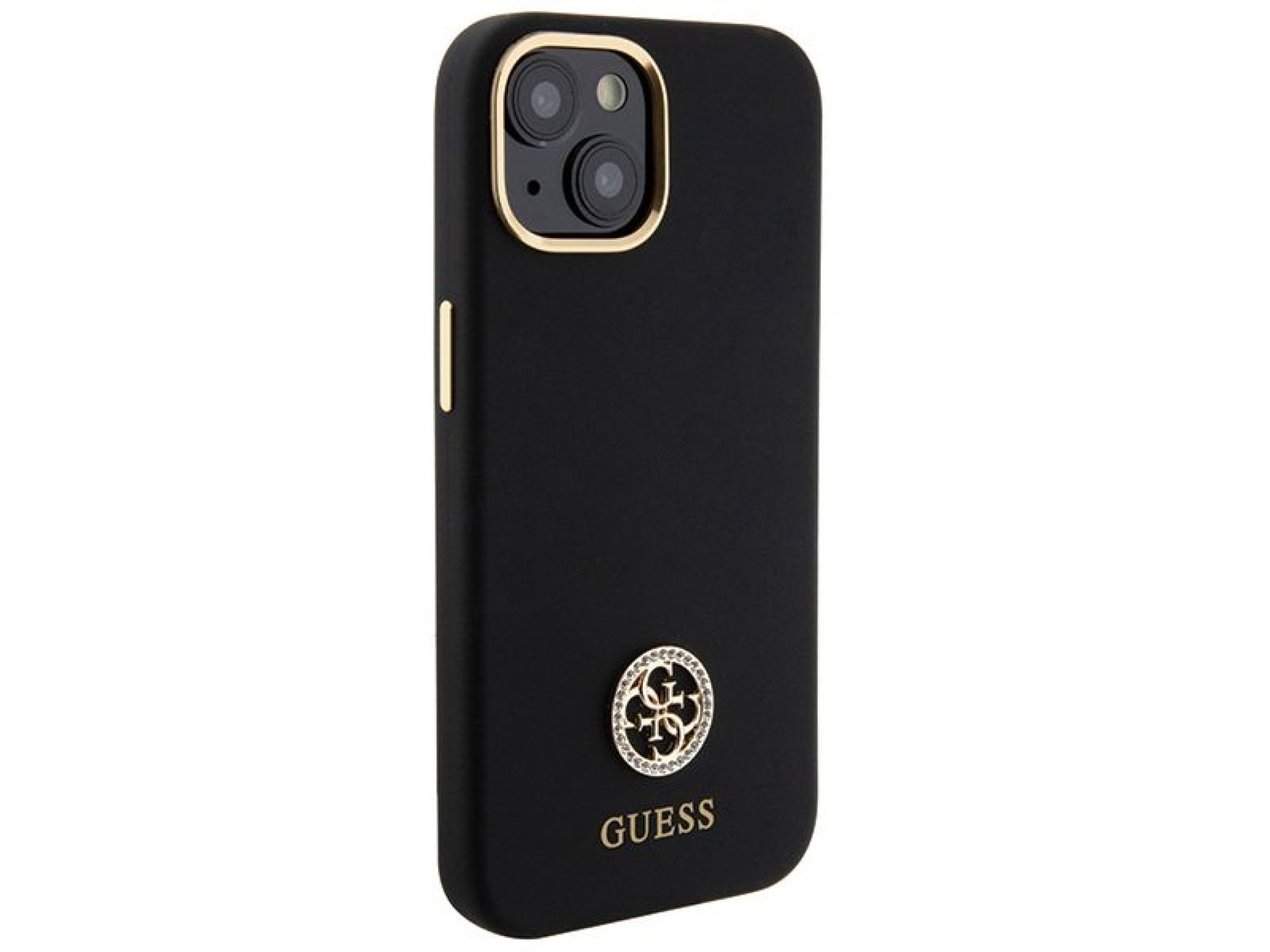 Funda de silicona Guess con logo Strass 4G para iPhone 15 - Negra