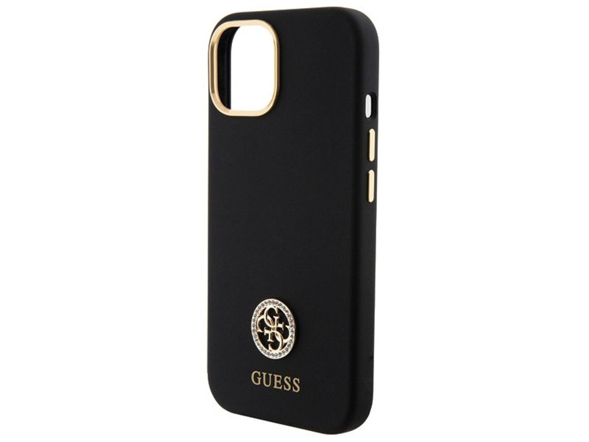 Funda de silicona Guess con logo Strass 4G para iPhone 15 - Negra