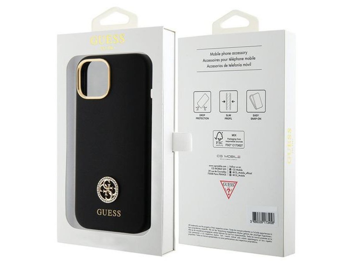 Funda de silicona Guess con logo Strass 4G para iPhone 15 - Negra