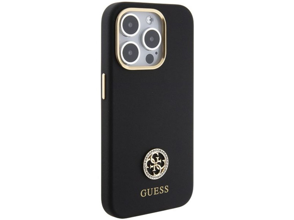 Funda de silicona Guess con logo Strass 4G para iPhone 15 Pro - Negra