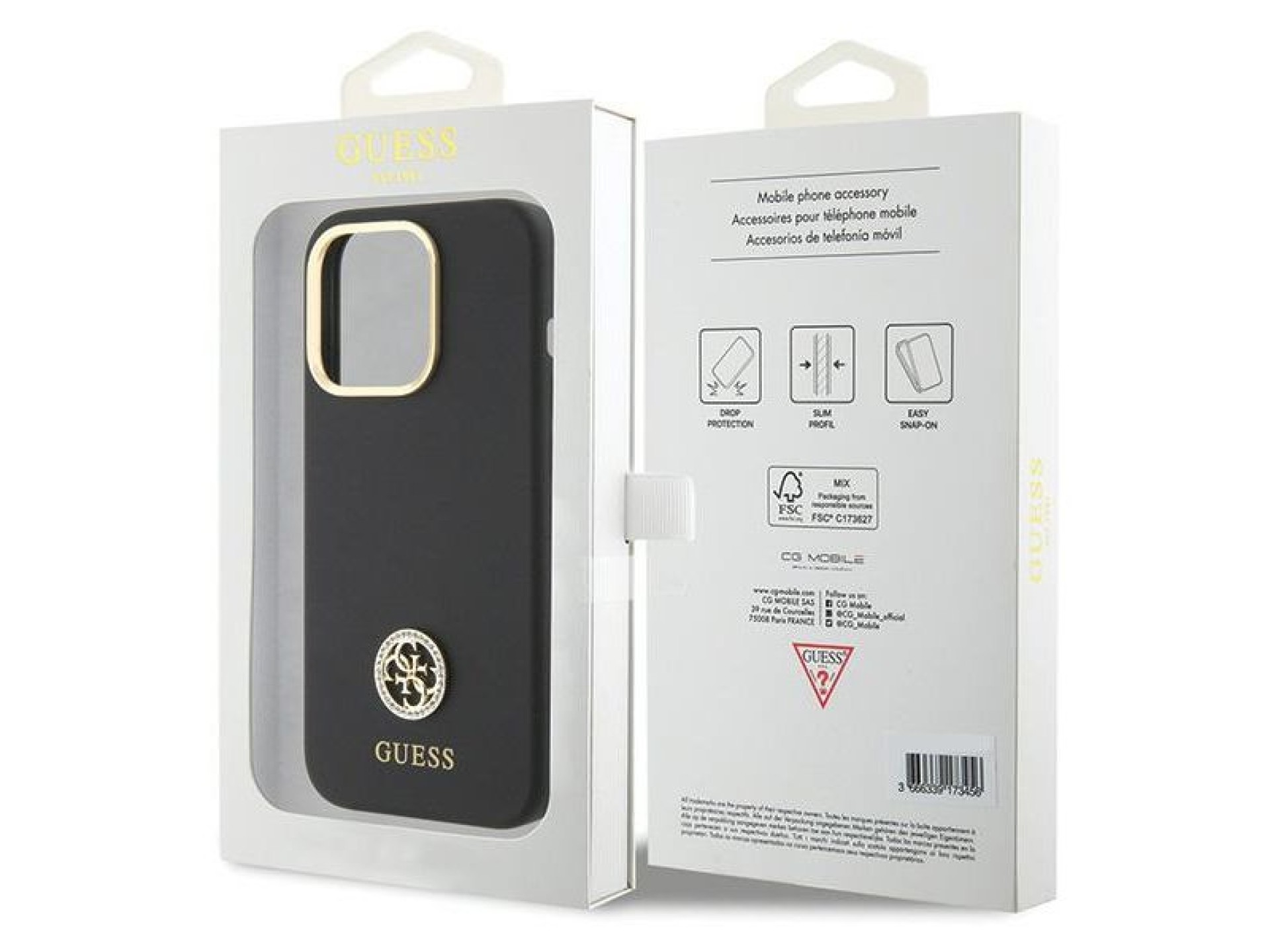 Funda de silicona Guess con logo Strass 4G para iPhone 15 Pro - Negra