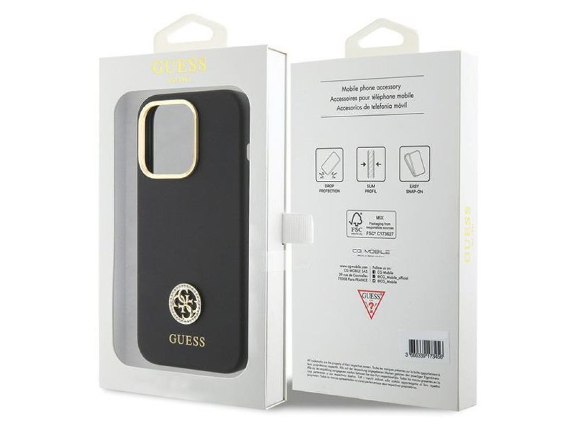 Funda de silicona Guess con logo Strass 4G para iPhone 15 Pro - Negra
