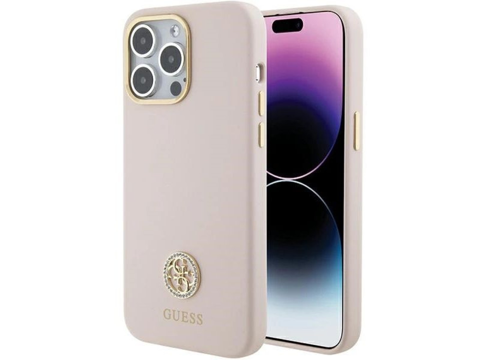 Funda de silicona Guess con logo Strass 4G para iPhone 15 Pro Max - Rosa